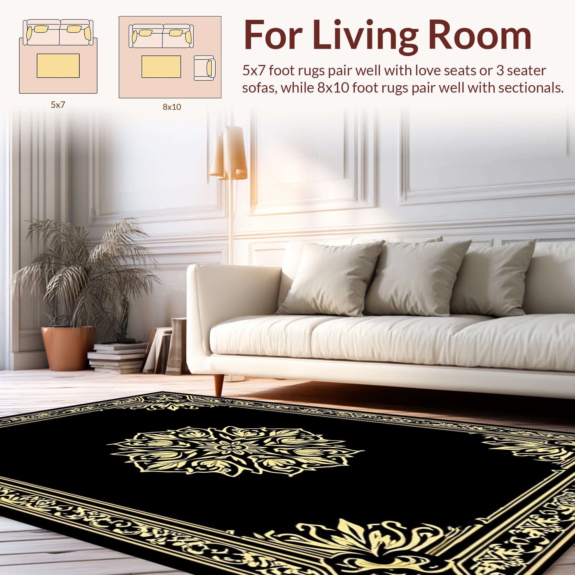 Elegant Black Gold Floral Border Design Rug