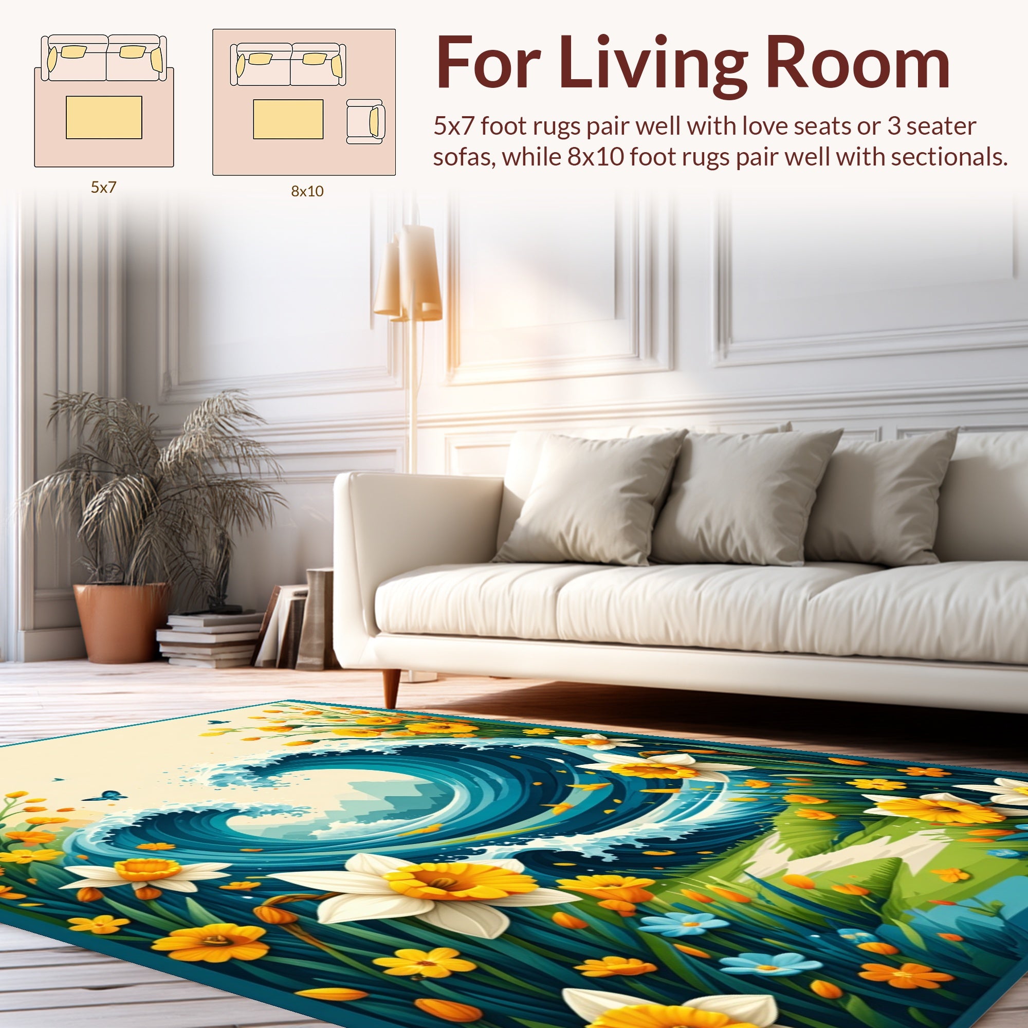 Spring Wave Floral Butterfly Scene Rug