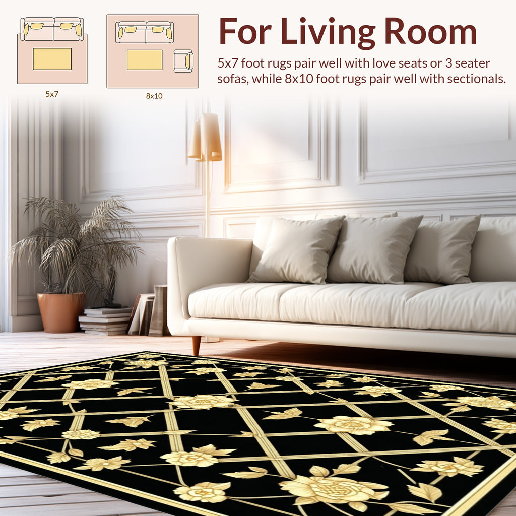 Classic Gold And Black Floral Lattice Rug
