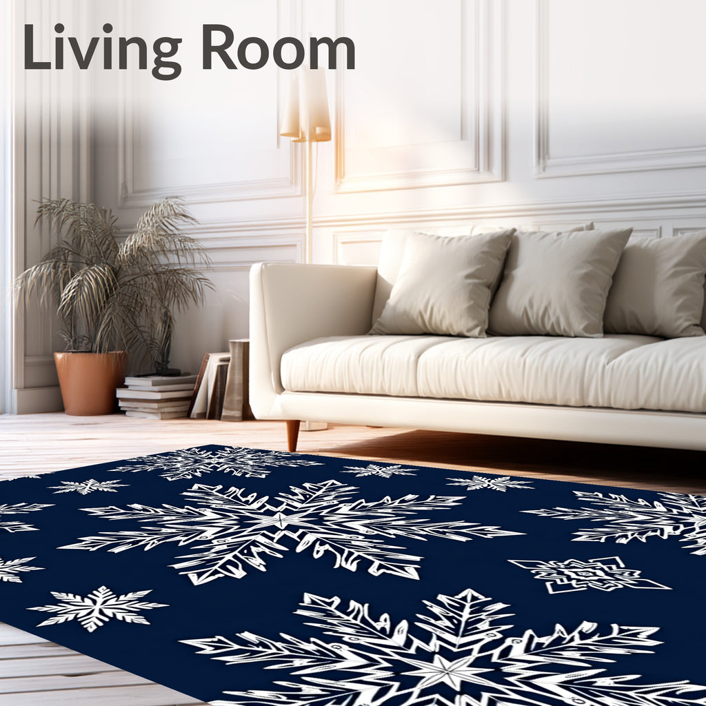 White Snowflake Navy Night Sky Rug