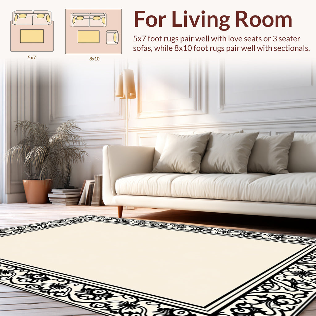 Elegant Black Floral Border Design Rug