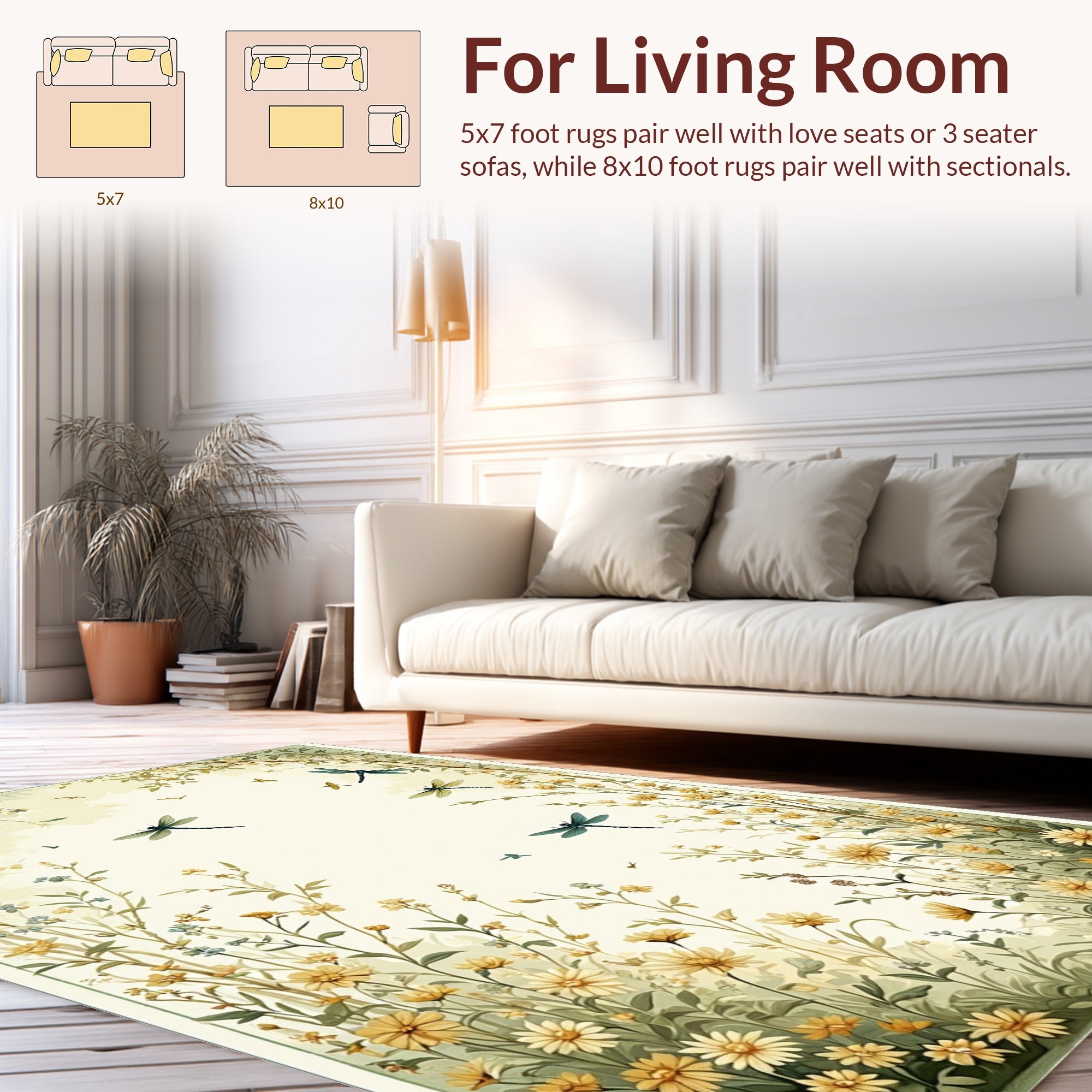Whimsical Dragonfly Floral Garden Scene Rug