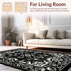 Black White Ornate Floral Scroll Pattern Rug