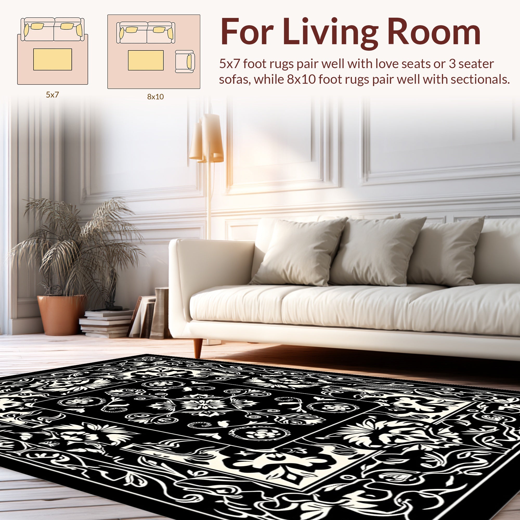 Black White Ornate Floral Scroll Pattern Rug