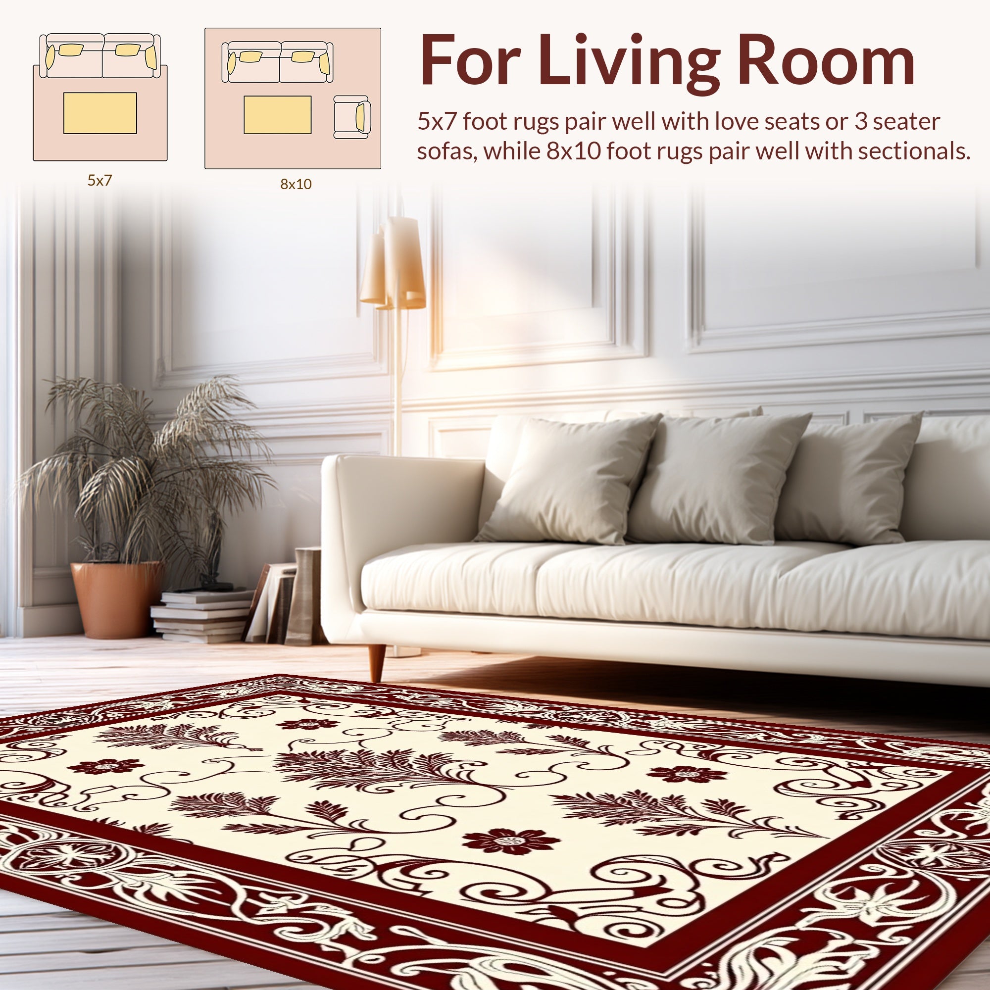 Rich Burgundy Floral Scroll Border Rug
