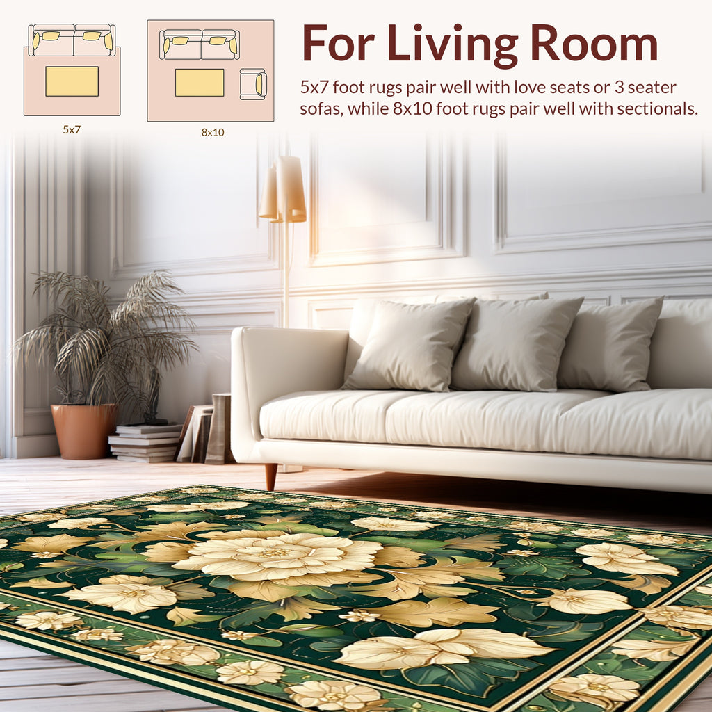 Ornate Floral Botanical Dark Green Rug