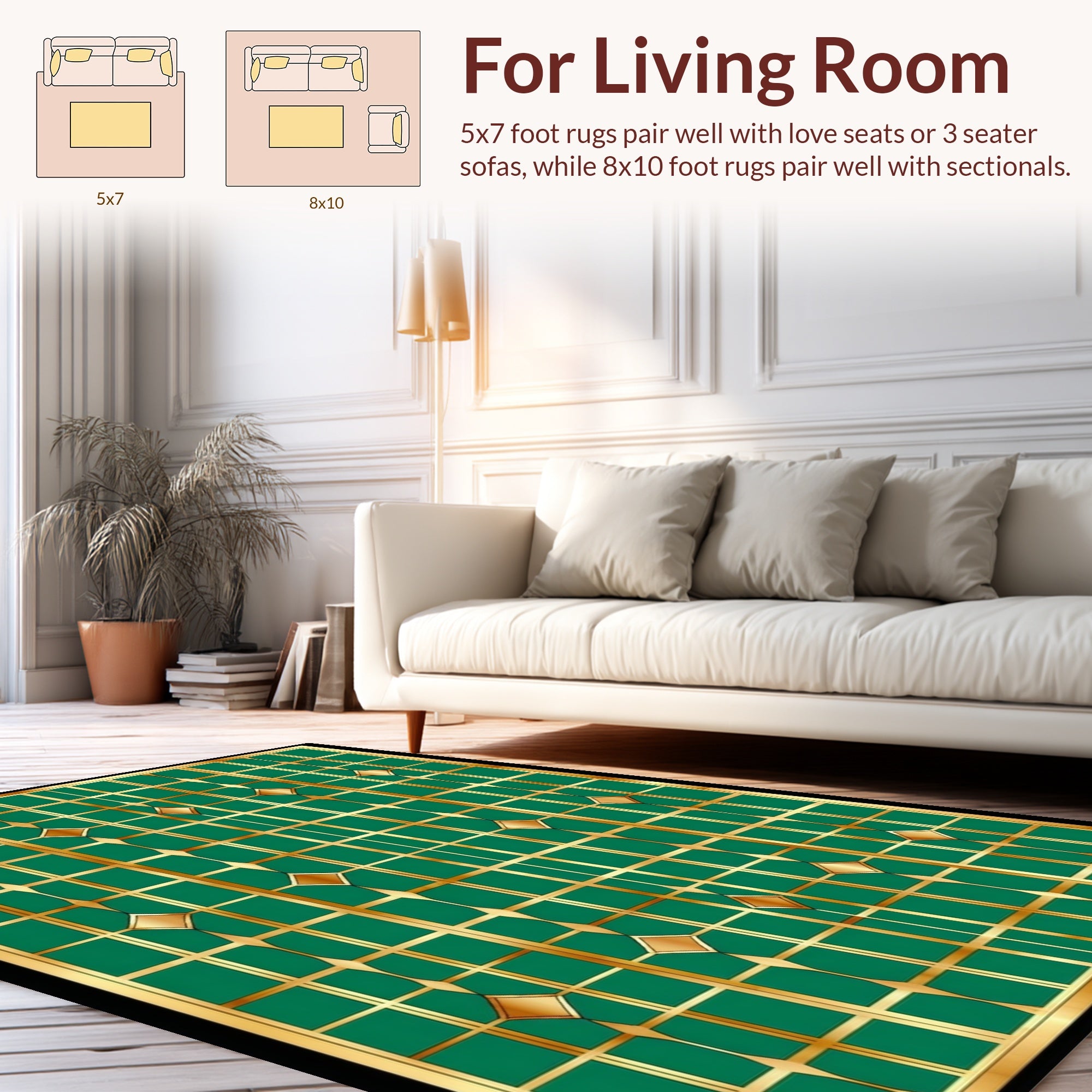Emerald Gold Geometric Diamond Pattern Rug