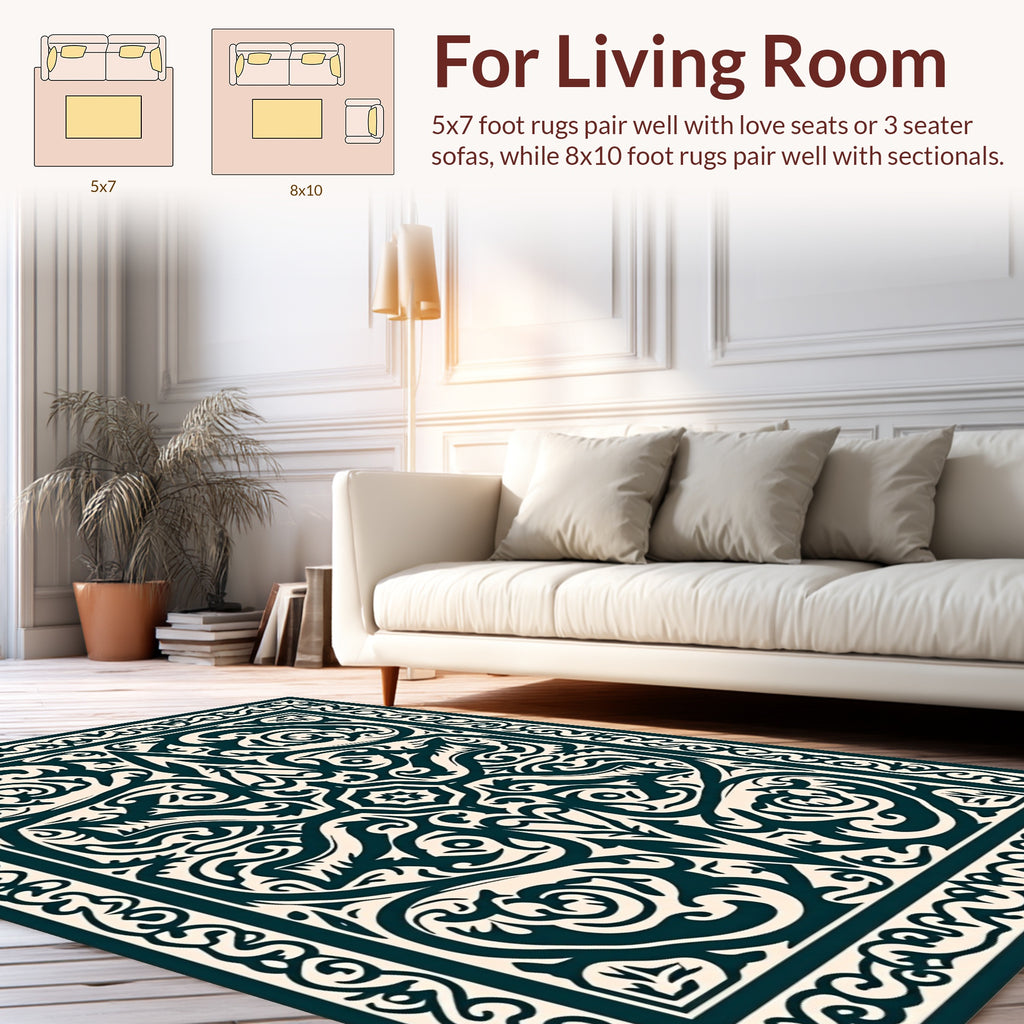 Intricate Dark Teal Floral Pattern Rug