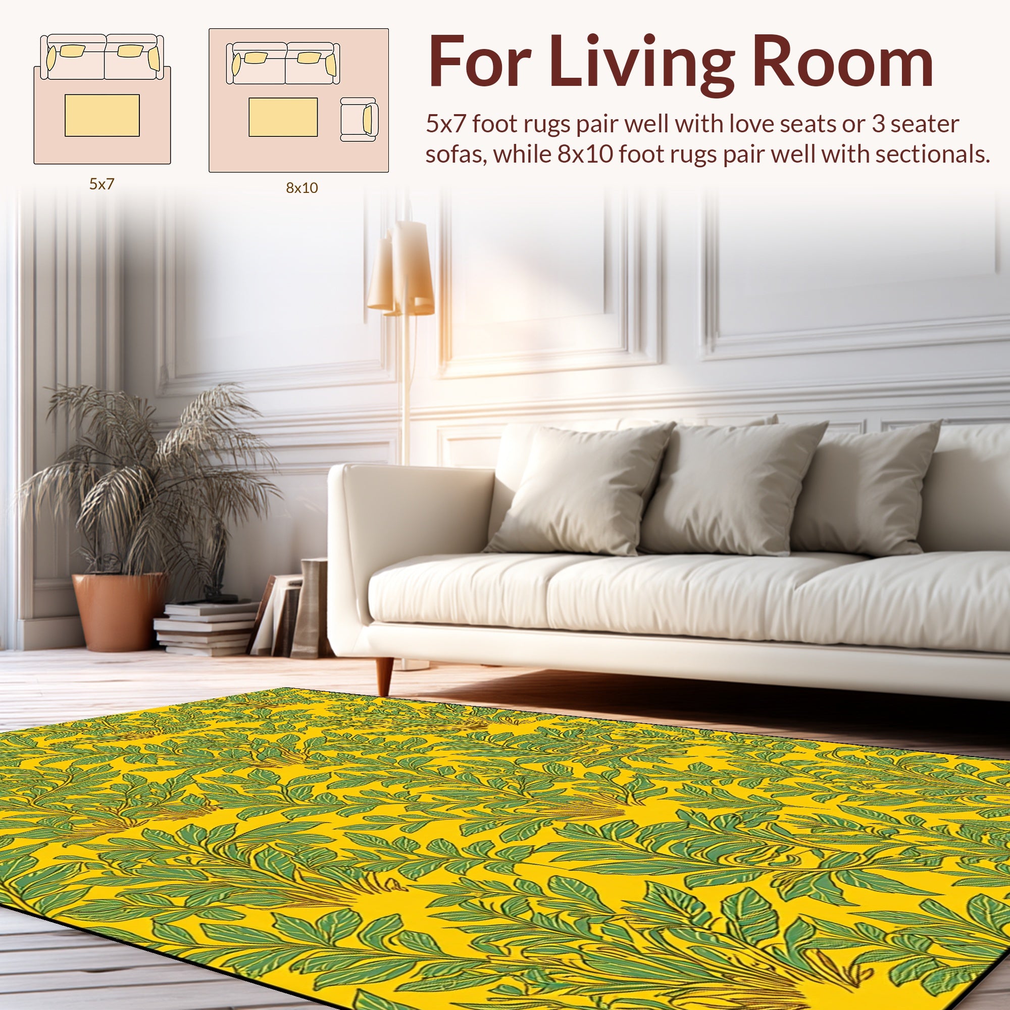 Tonal Yellow Green Leafy Pattern Rug