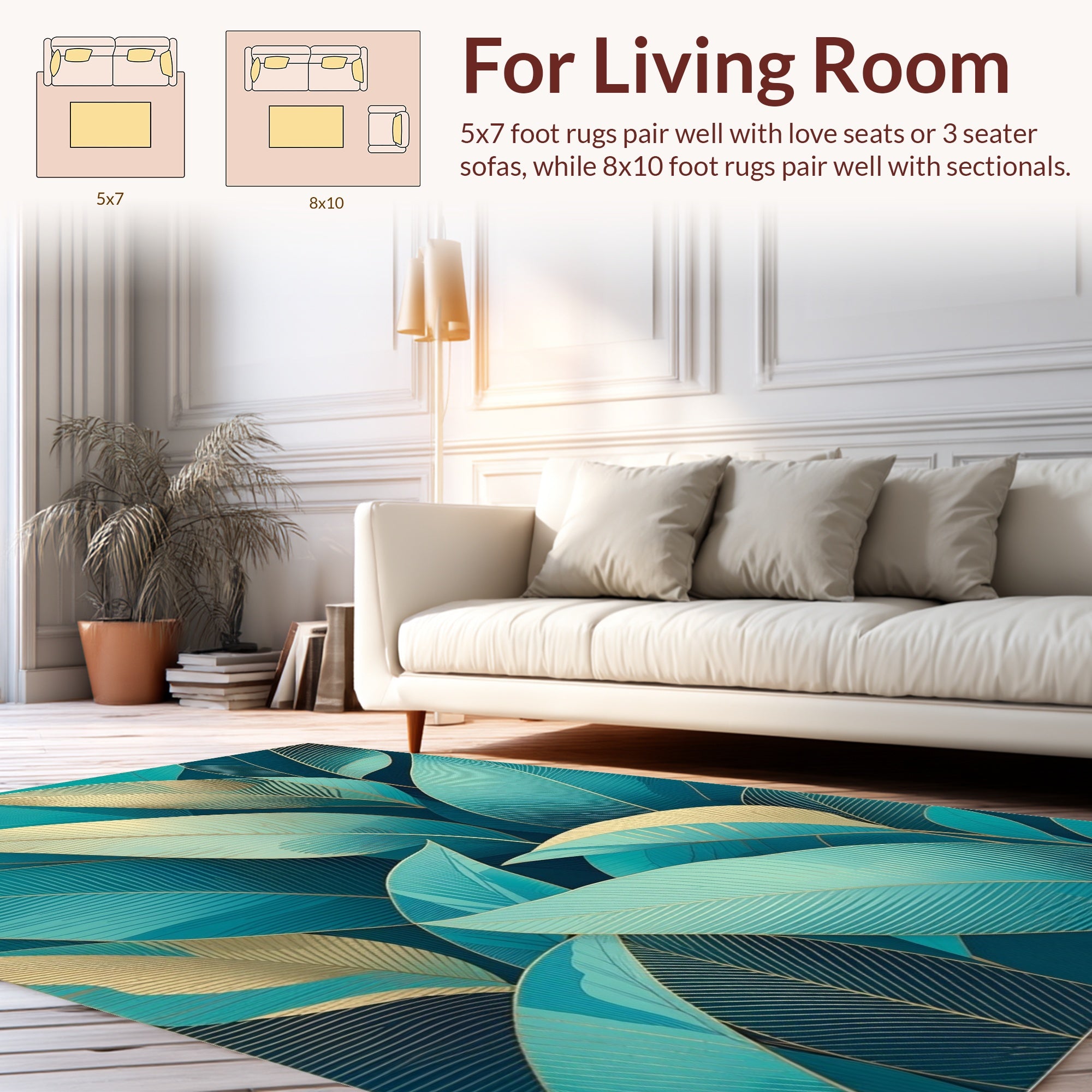 Teal Gold Leafy Pattern Design Rug