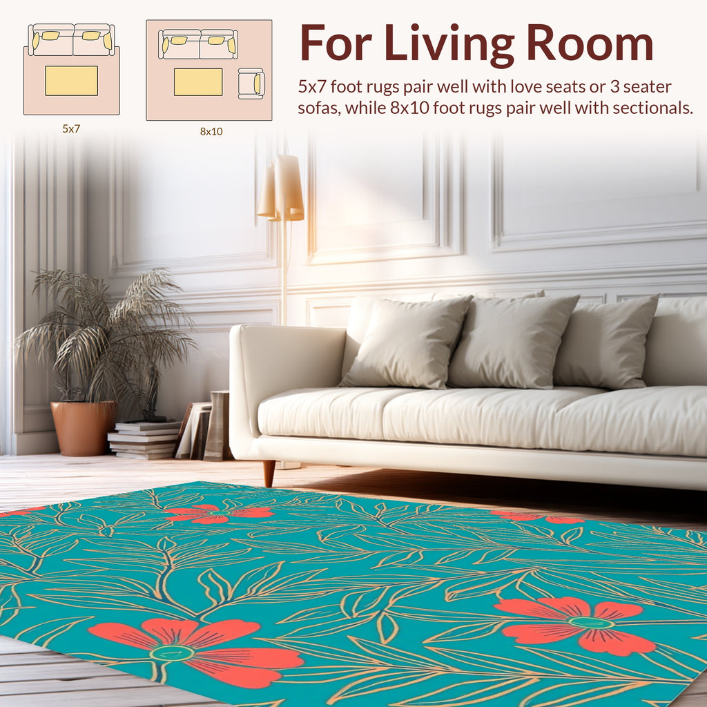 Teal Coral Floral Leaf Pattern Rug