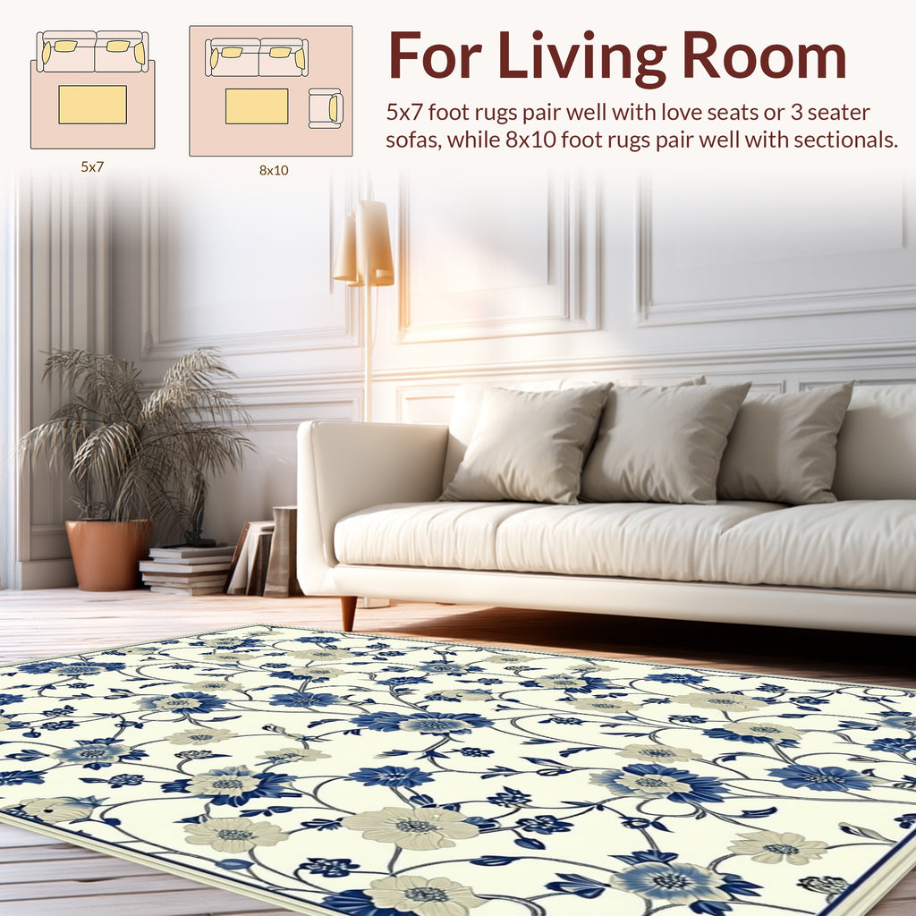 Vintage Blue Cream Floral Vines Rug