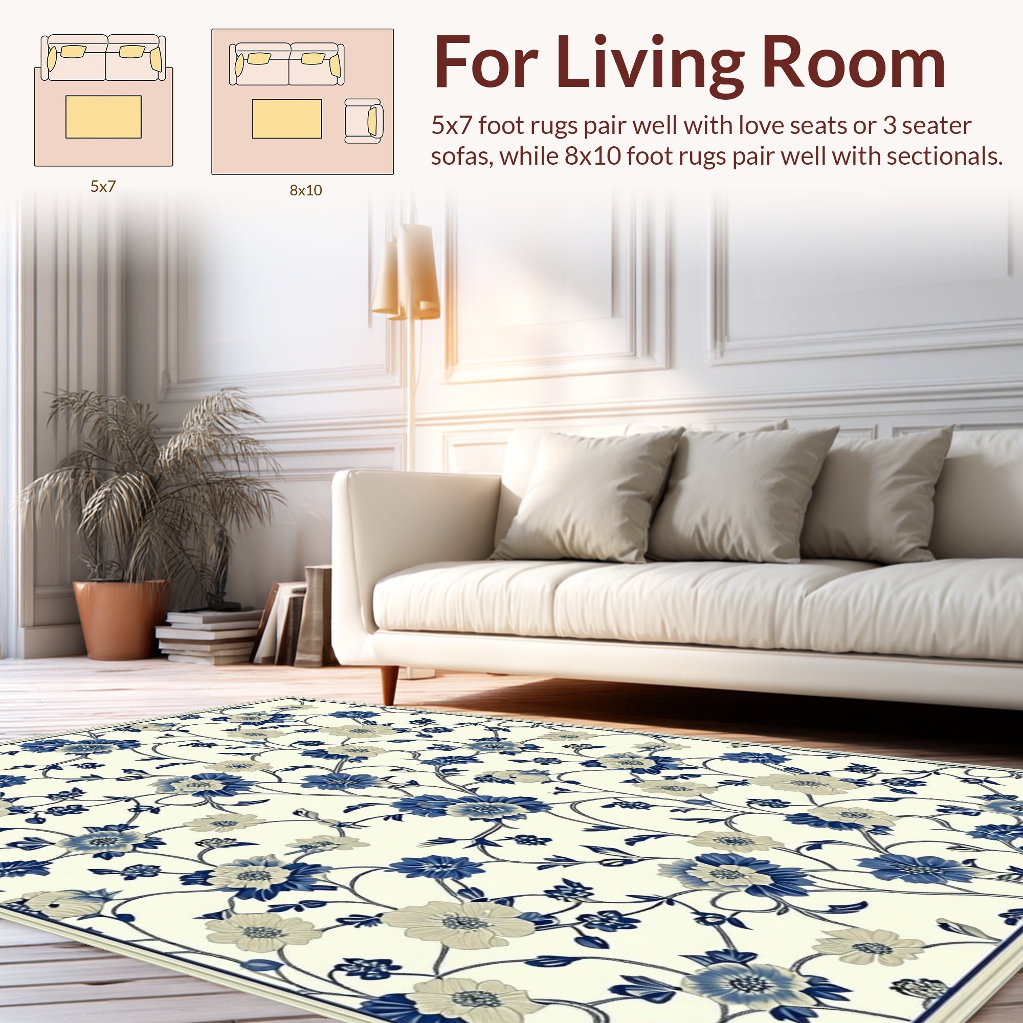 Vintage Blue Cream Floral Vines Rug