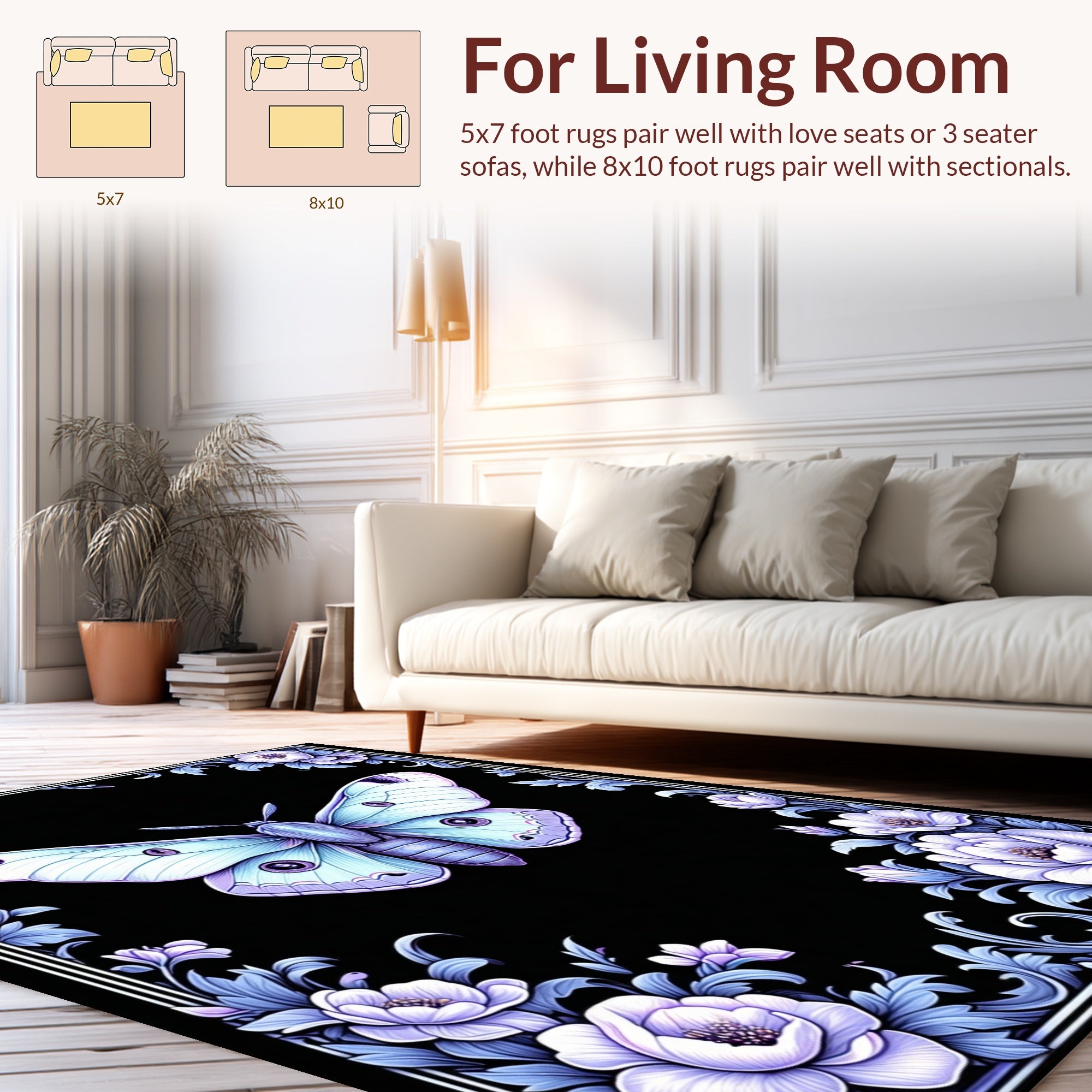 Elegant Lavender Moth Floral Frame Rug