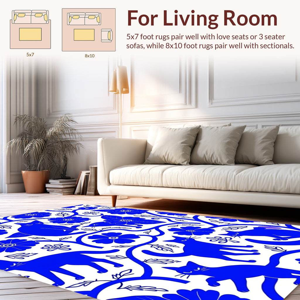 Whimsical Blue Cats Floral Vine Pattern Rug
