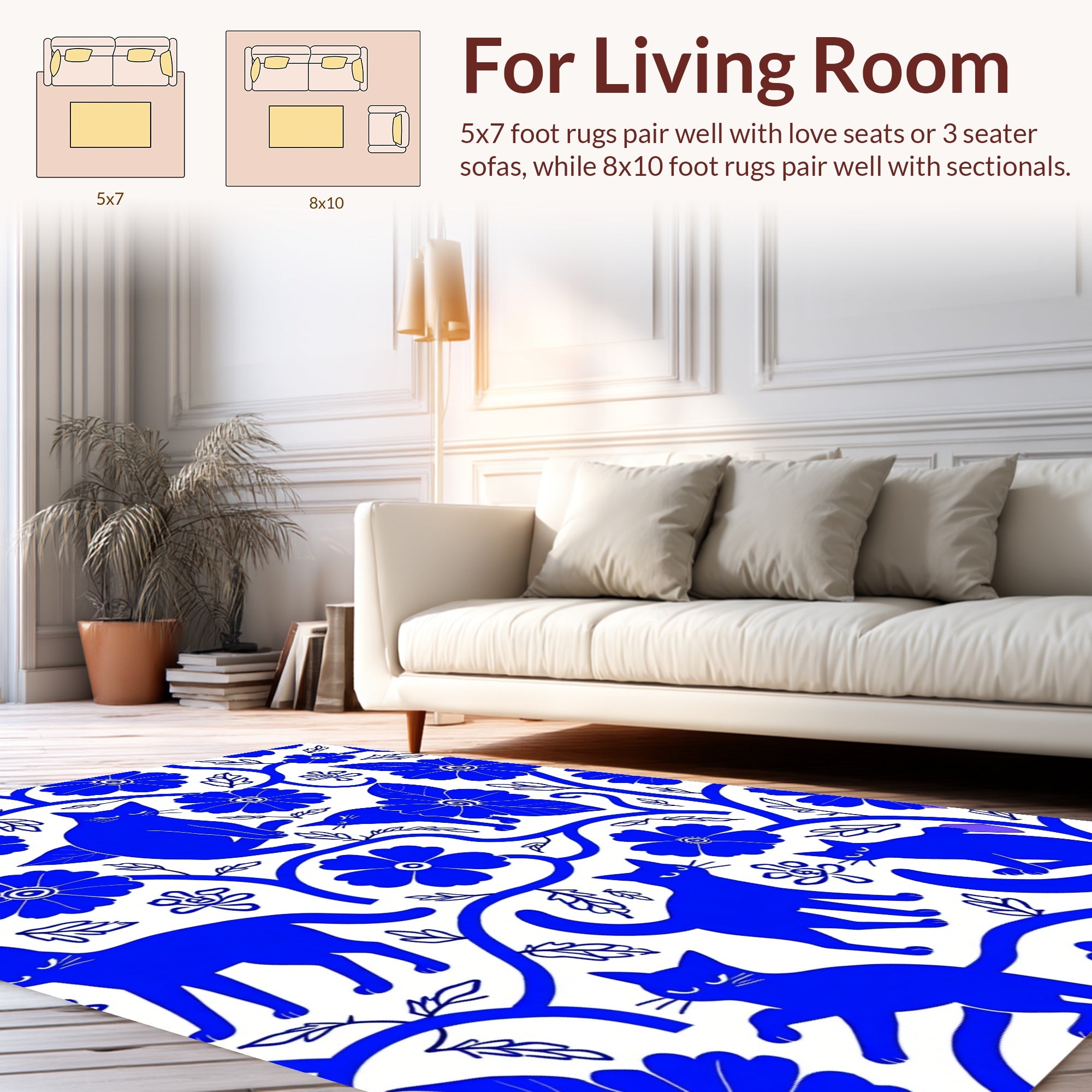 Whimsical Blue Cats Floral Vine Pattern Rug