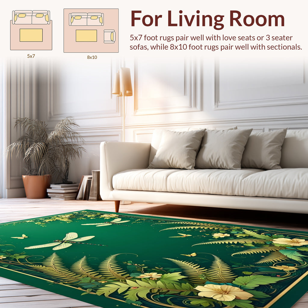 Emerald Garden Dragonflies Floral Pattern Rug