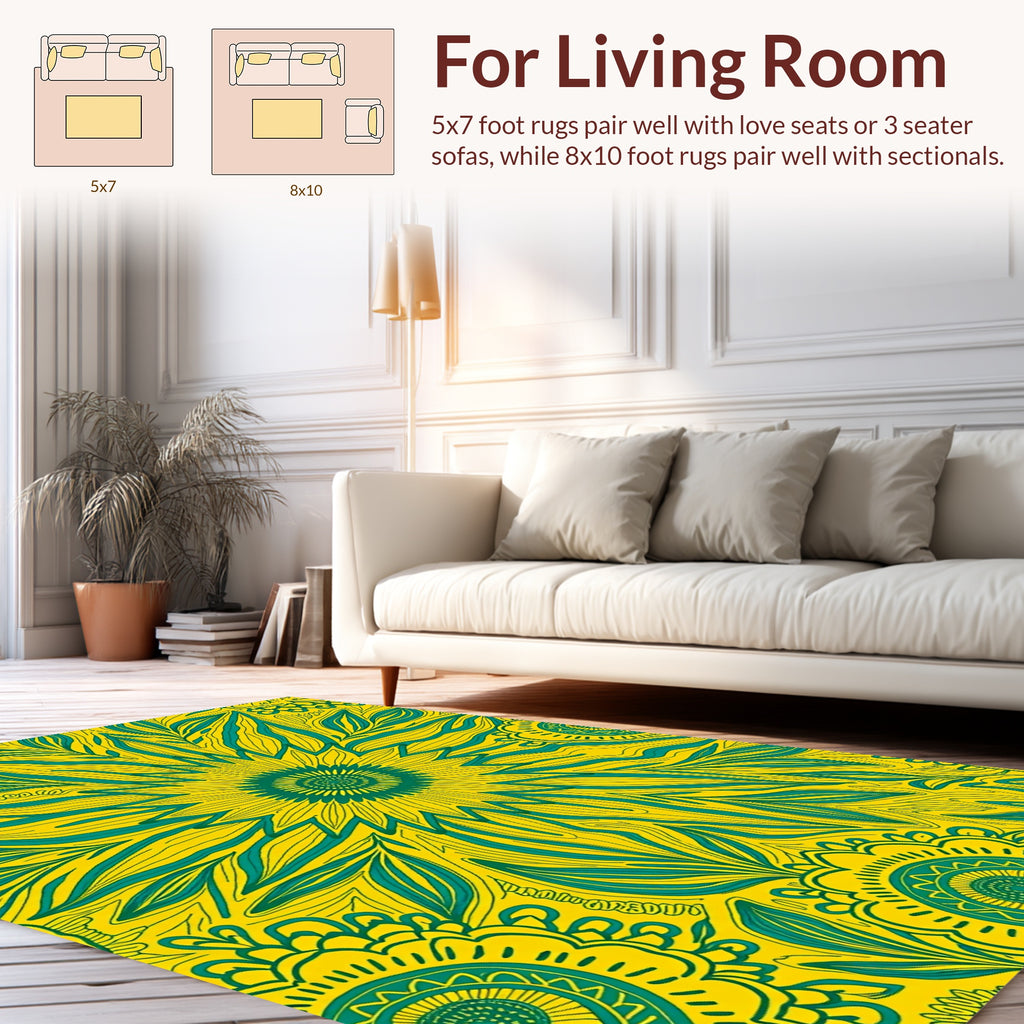 Bold Teal Yellow Floral Pattern Rug