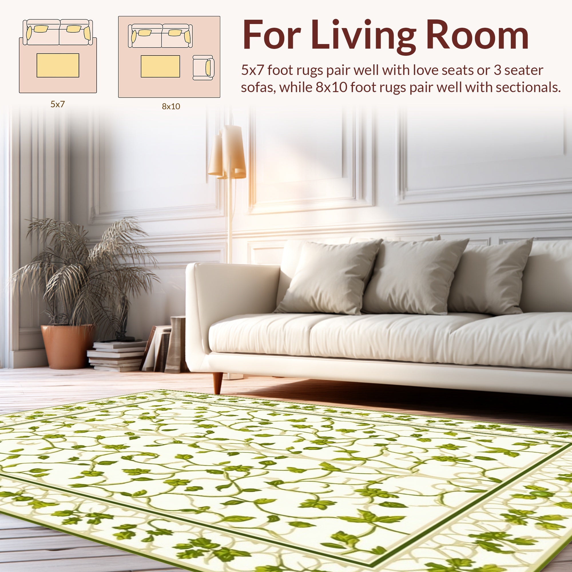 Green Vine Floral Intricate Border Rug