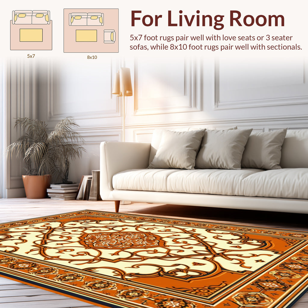 Orange Cream Intricate Floral Pattern Rug