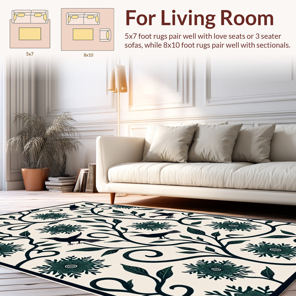 Whimsical Birds Floral Vine Pattern Rug