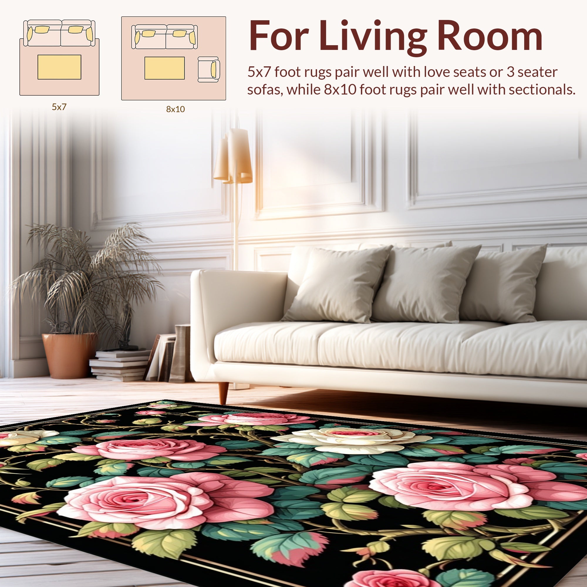 Vintage Rose Floral Black Pattern Rug