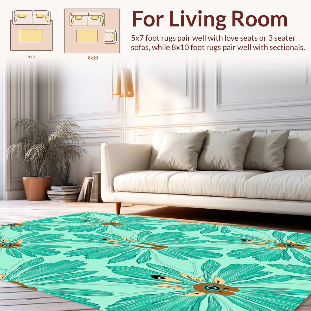Abstract Teal Floral Design Rug