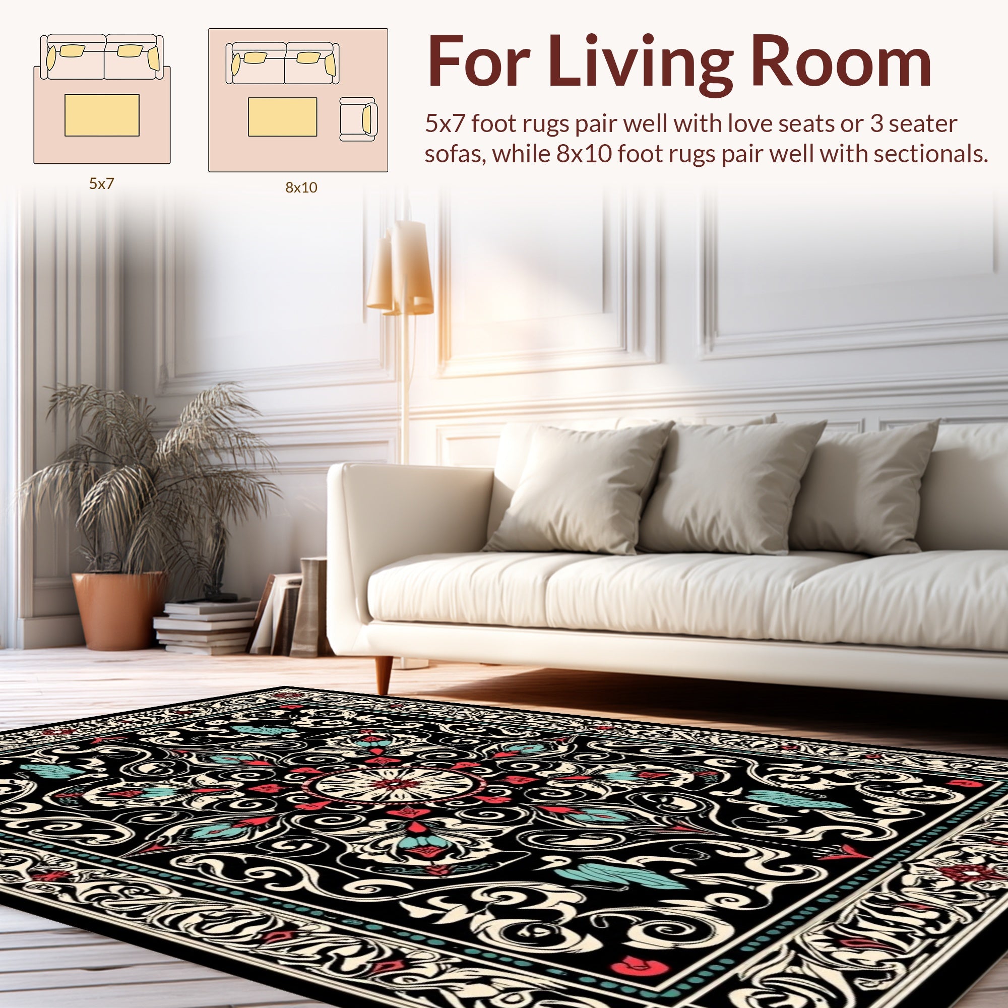 Ornate Black Floral Medallion Pattern Rug