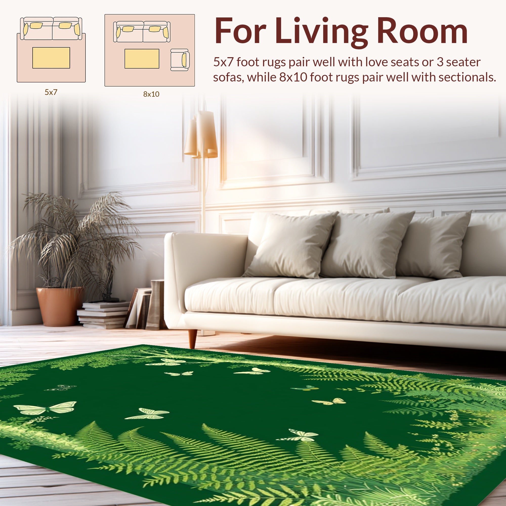 Whimsical Forest Butterflies Ferns Design Rug