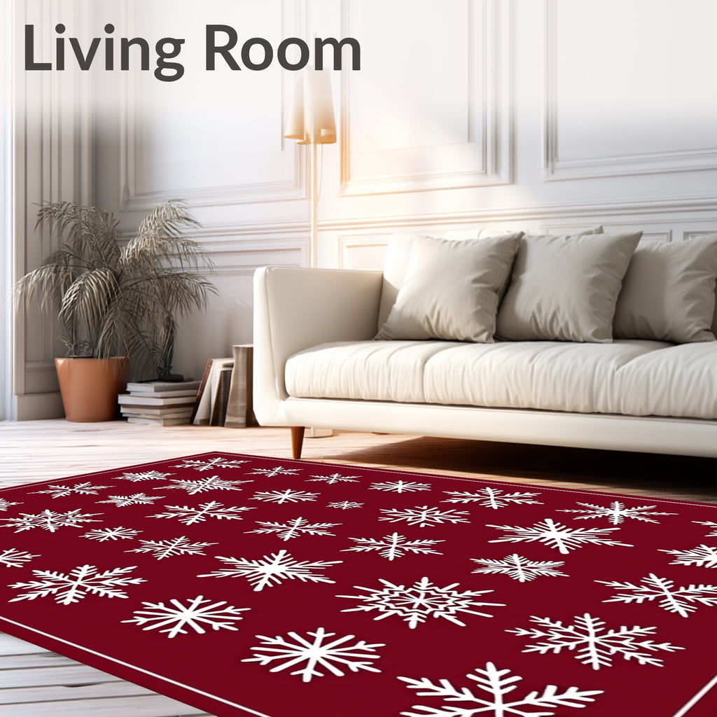 White Snowflake Collage on Burgundy Background Rug