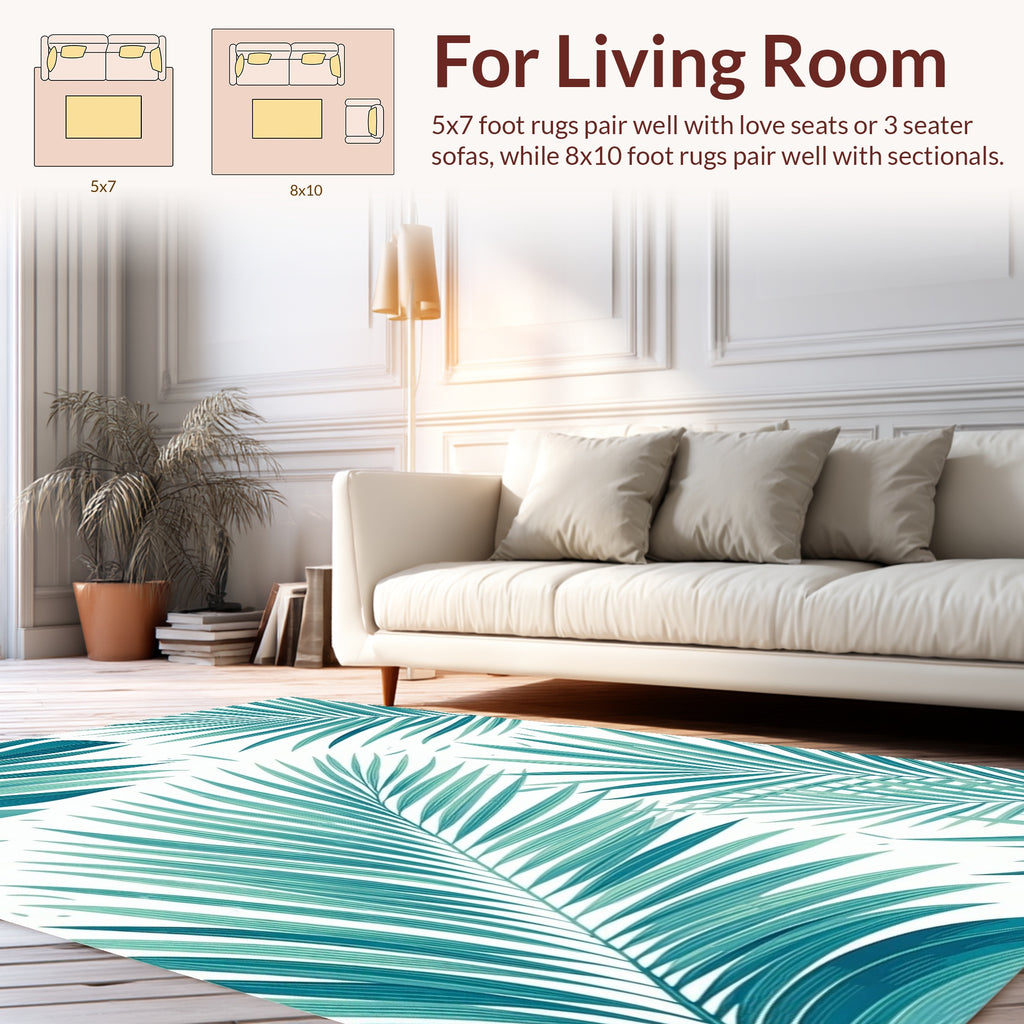 Tropical Teal Palm Fronds Pattern Rug
