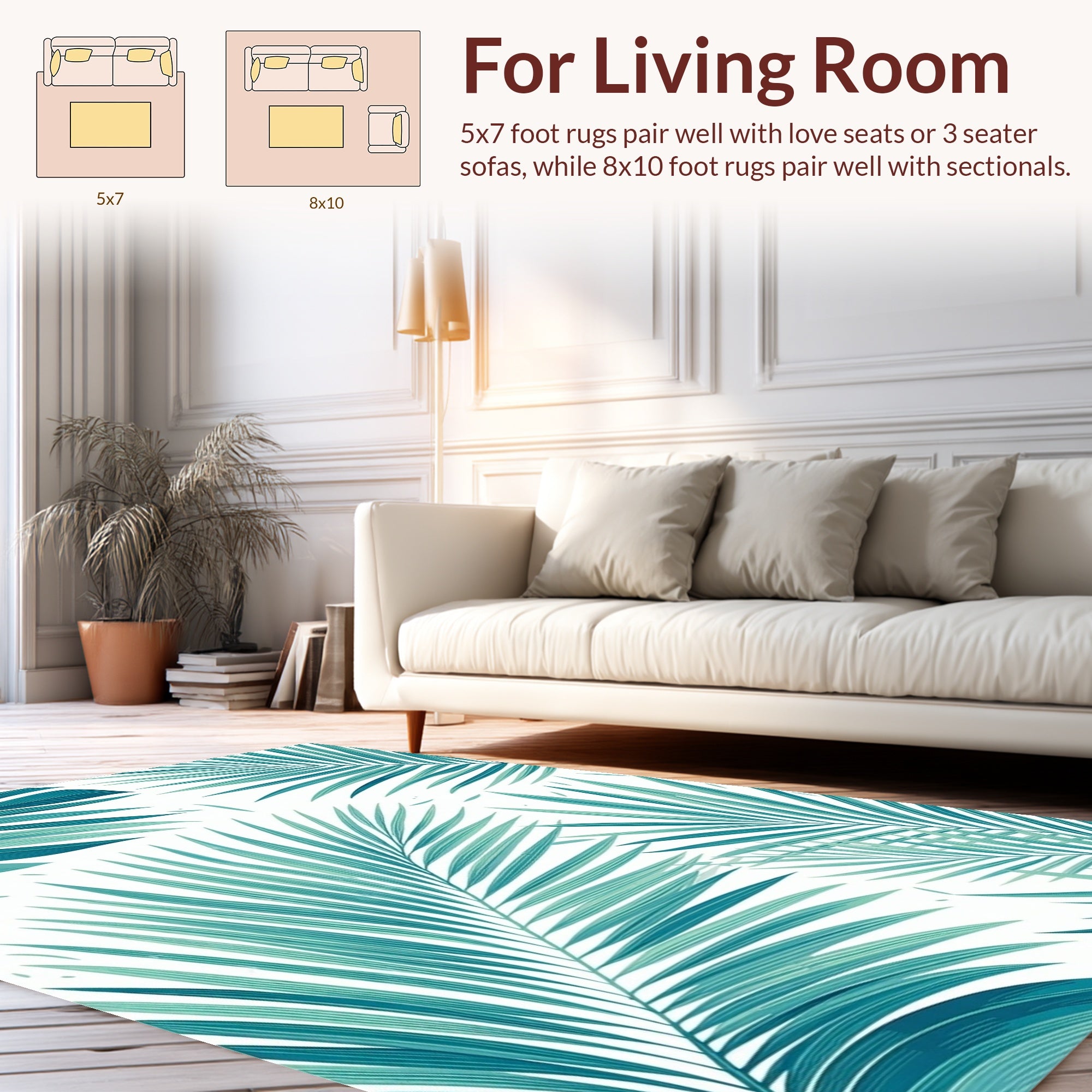 Tropical Teal Palm Fronds Pattern Rug