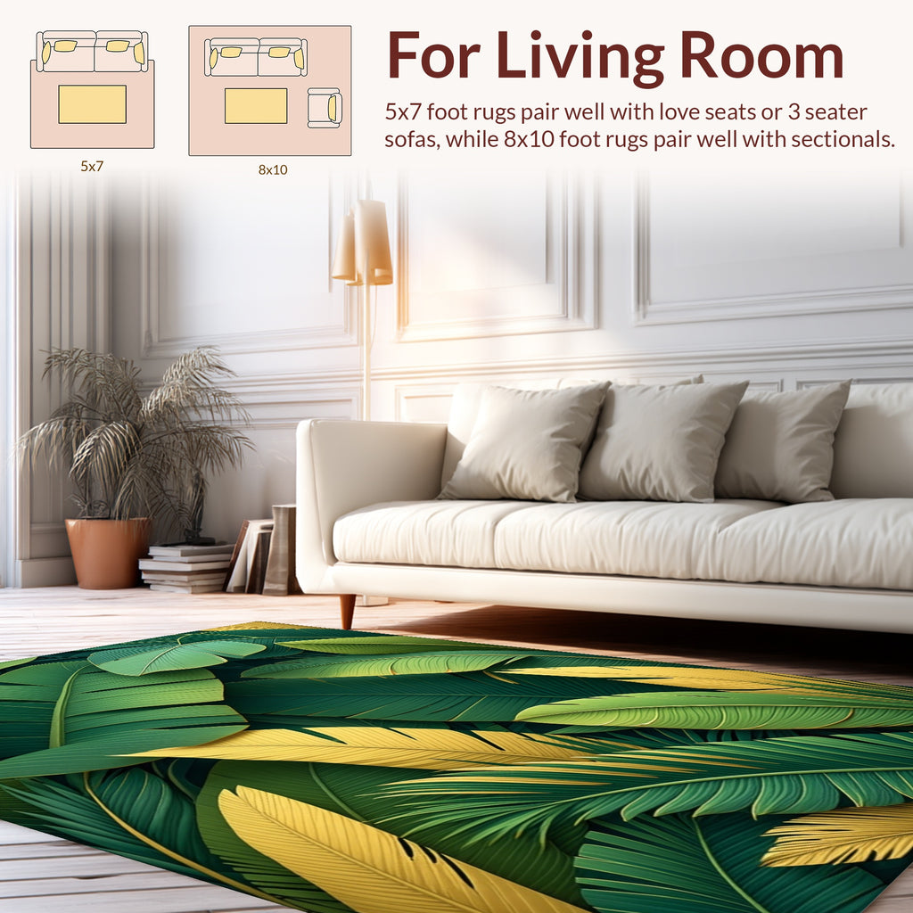 Tropical Leaf Patterned Green Gold Rug