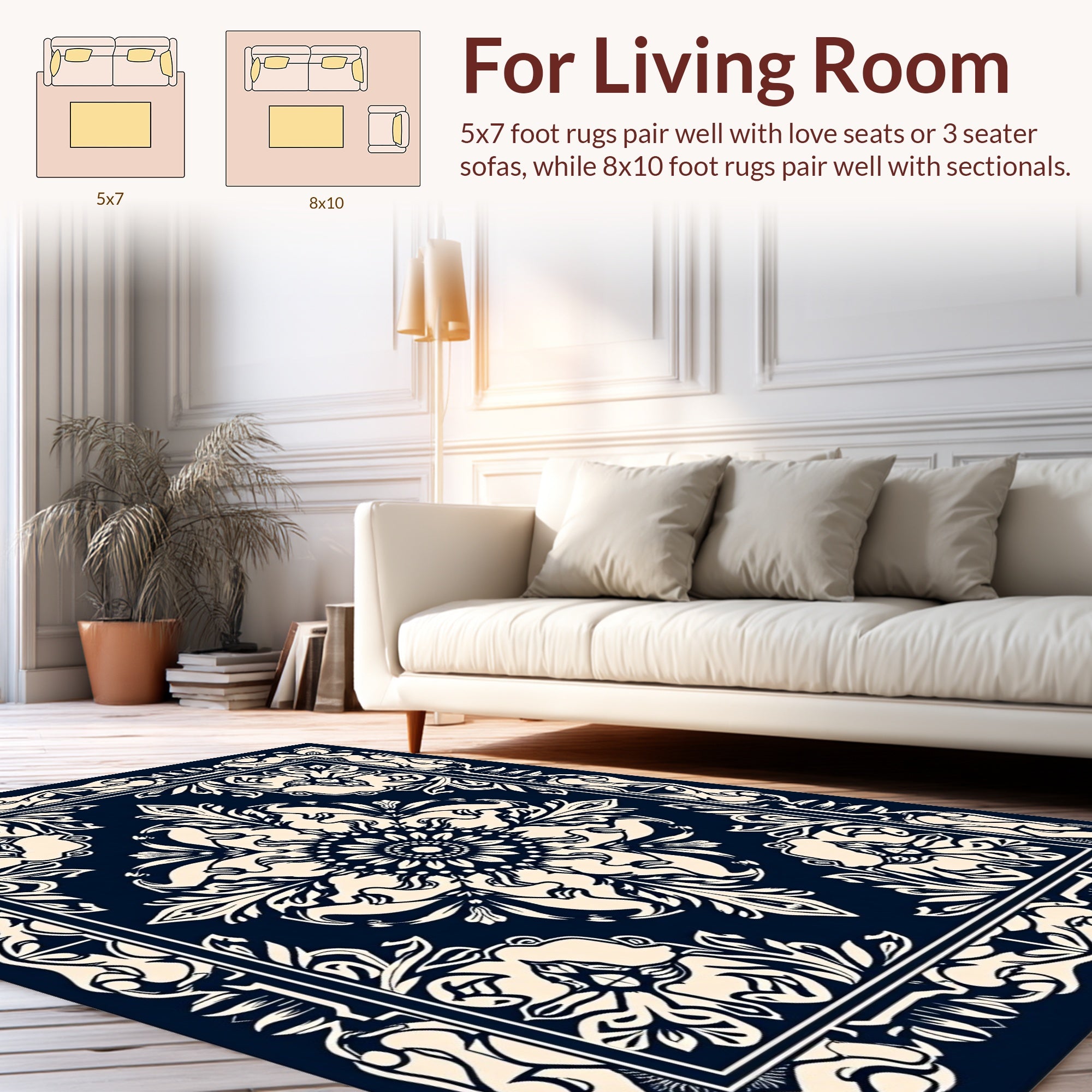Dark Ivory Floral Inlay Mandala Pattern Rug
