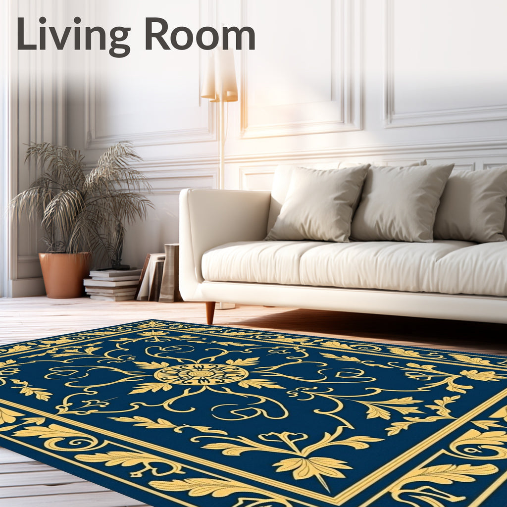 Deep Blue Golden Floral Medallion Border Rug