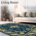 Deep Blue Golden Floral Medallion Border Rug