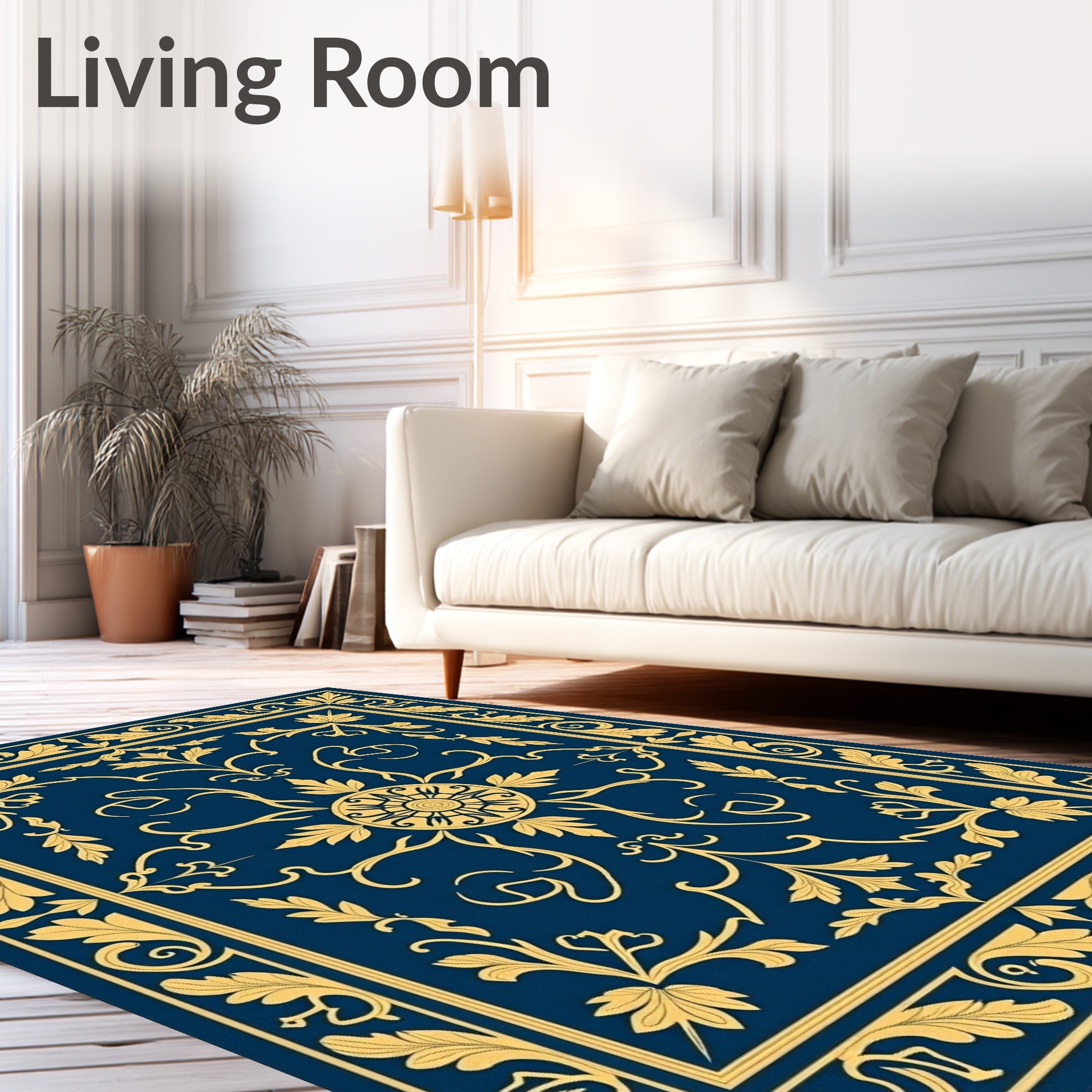 Deep Blue Golden Floral Medallion Border Rug