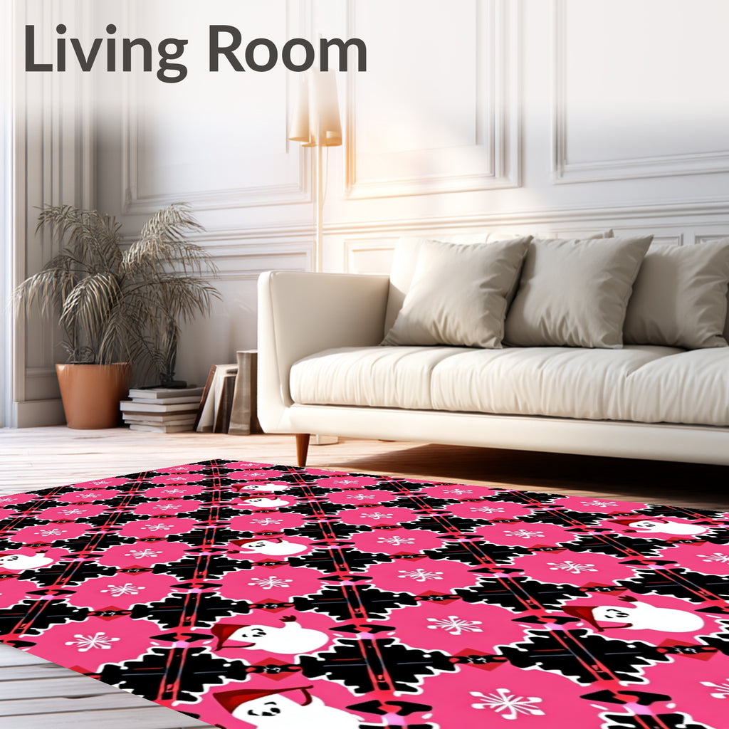 Pink and Black Snowman Snowflake Plaid Rug