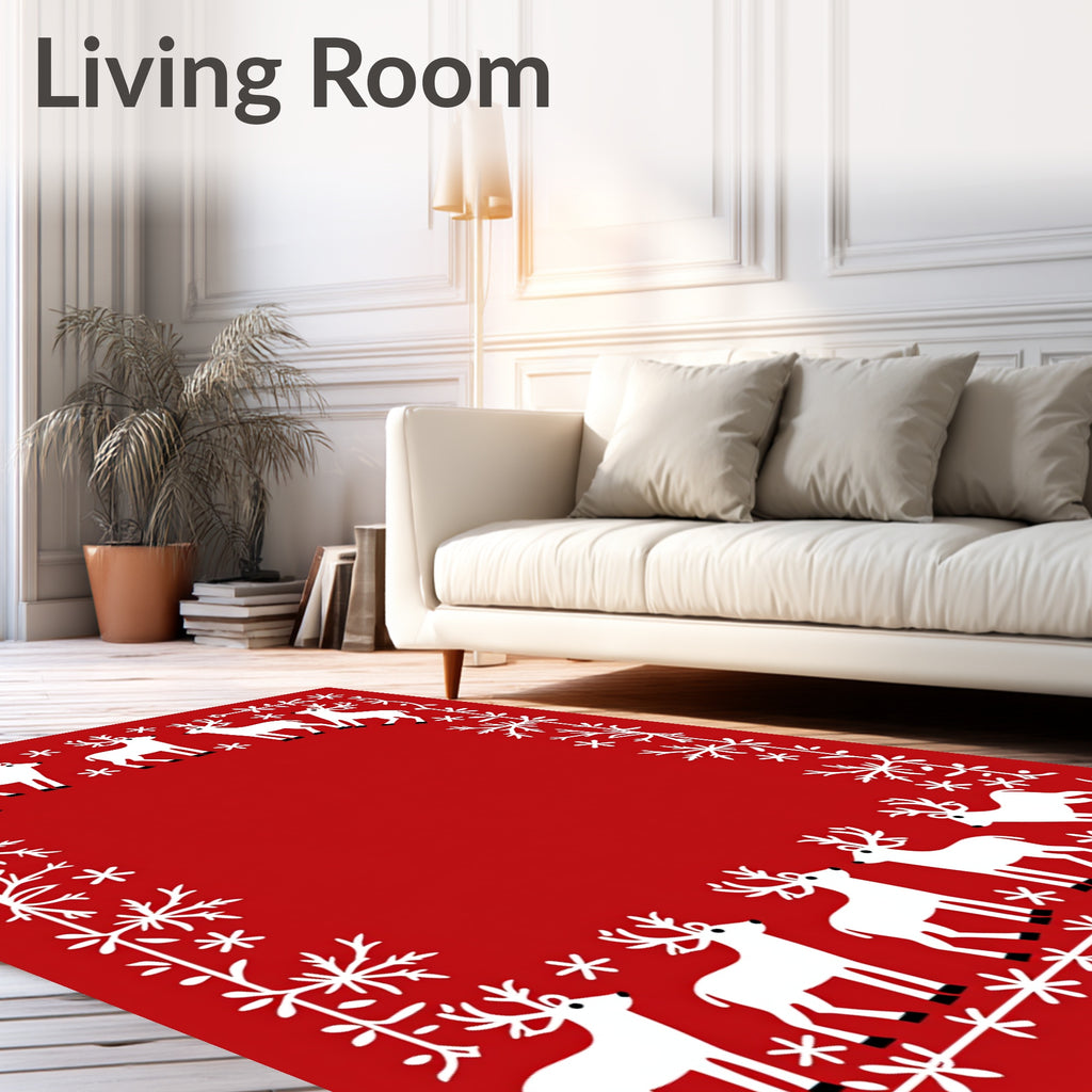 White Deer Snowflakes Festive Border Rug