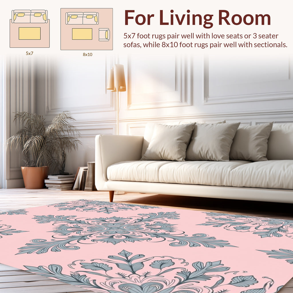 Floral Ornament Patterned Pink Grey Rug