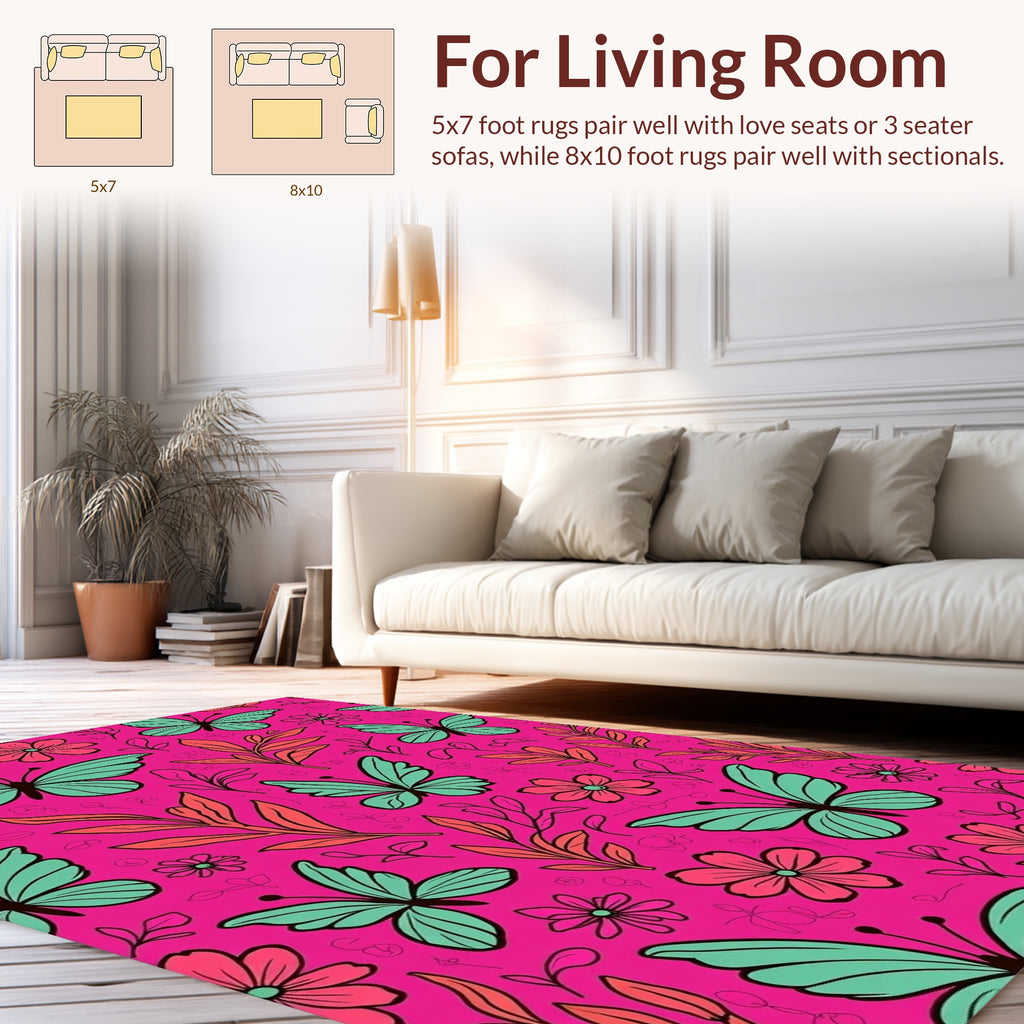 Pink Butterflies Flowers Pattern Rug