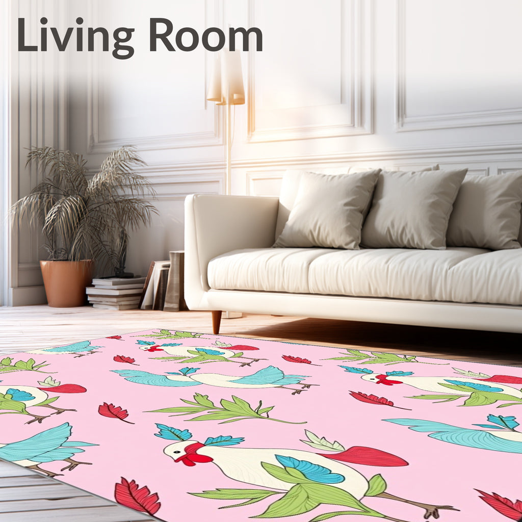 Pink Whimsical Rooster Floral Garden Rug