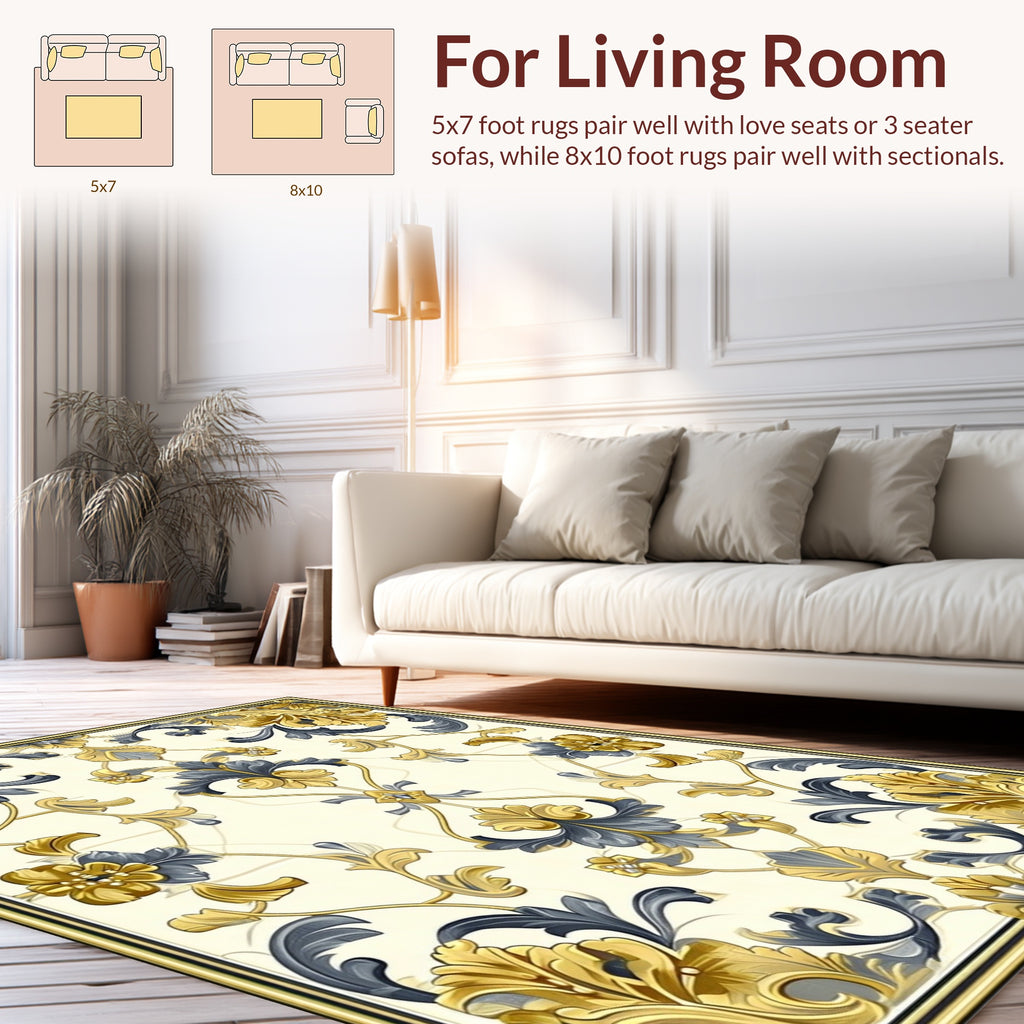 Golden Blue Ornate Floral Pattern Rug