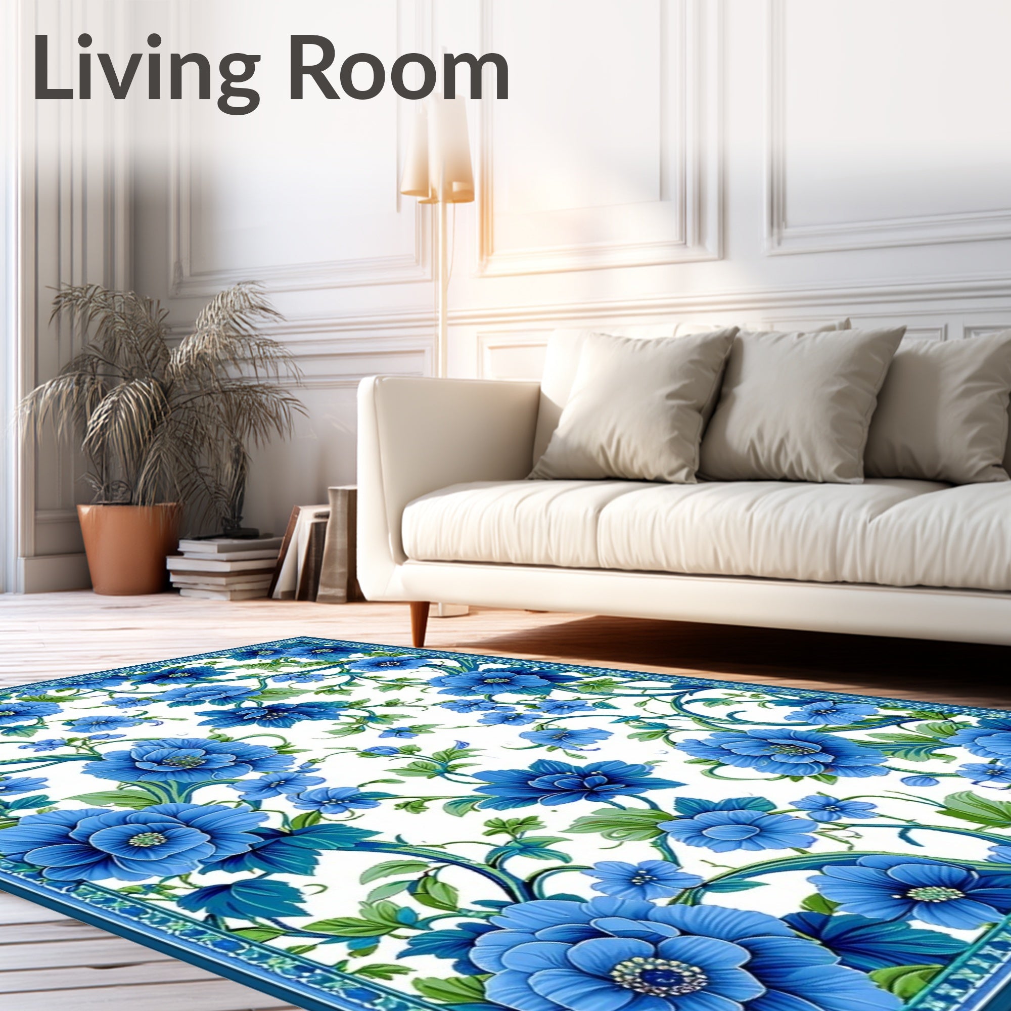 Vibrant Blue Floral Vine Pattern Rug