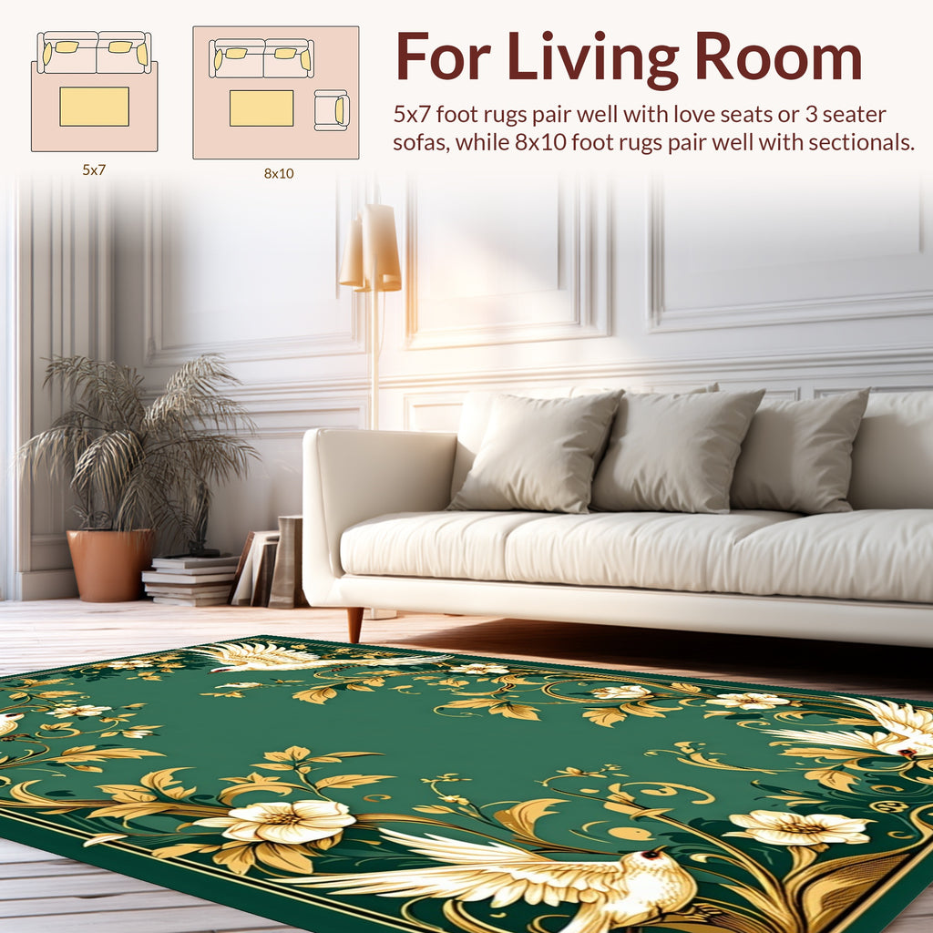Elegant White Birds Floral Scrolls Design Rug