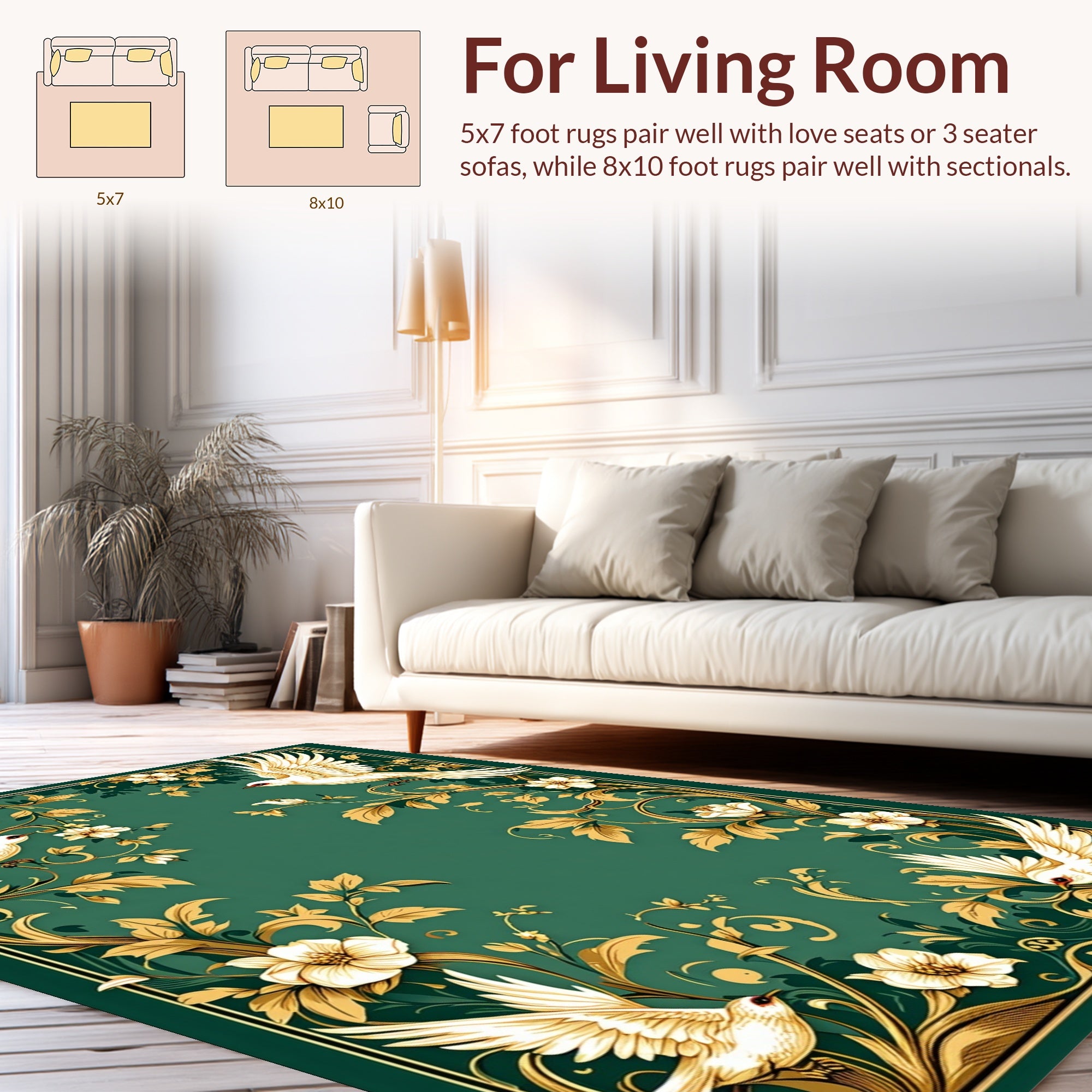 Elegant White Birds Floral Scrolls Design Rug