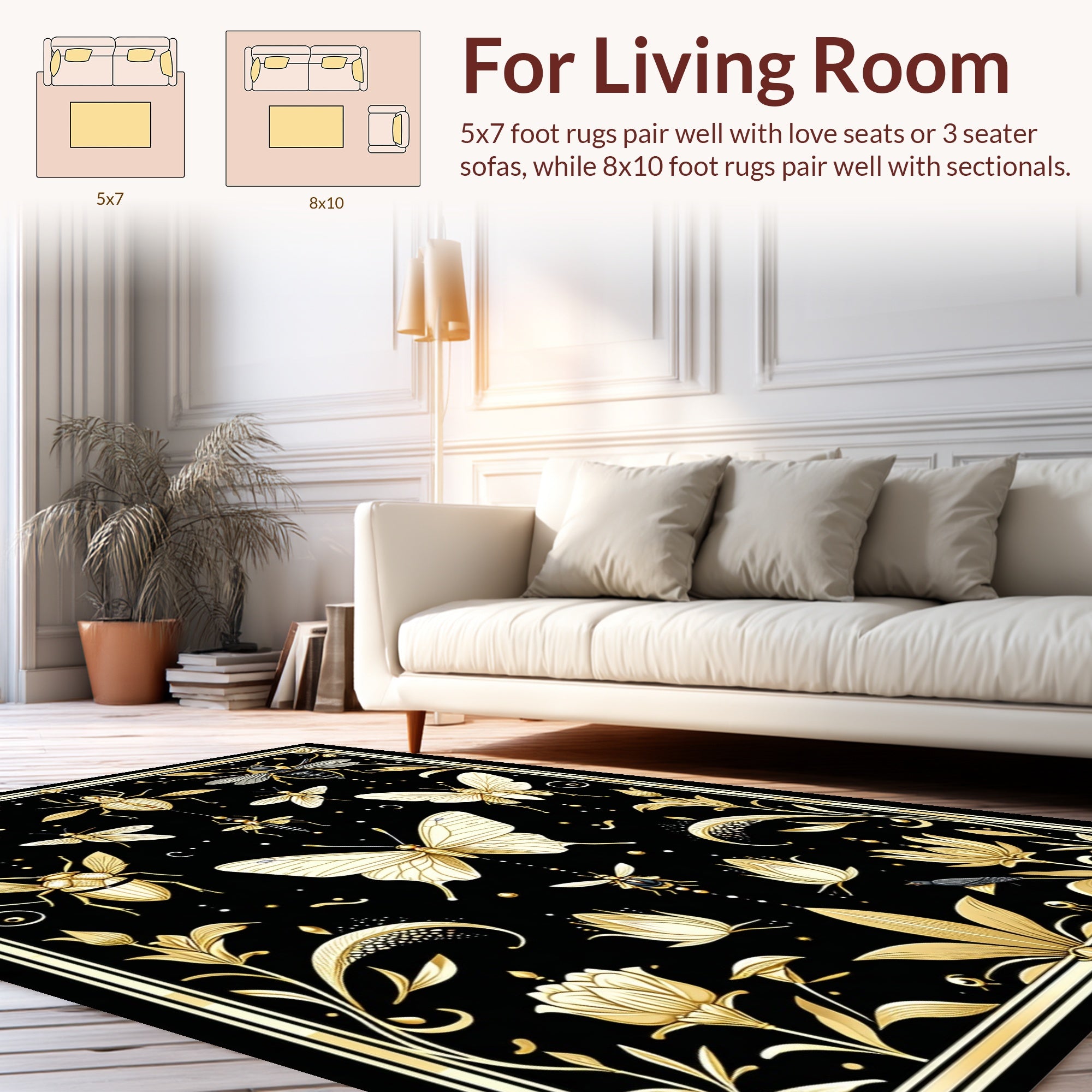 Golden Insects and Floral Art Rug
