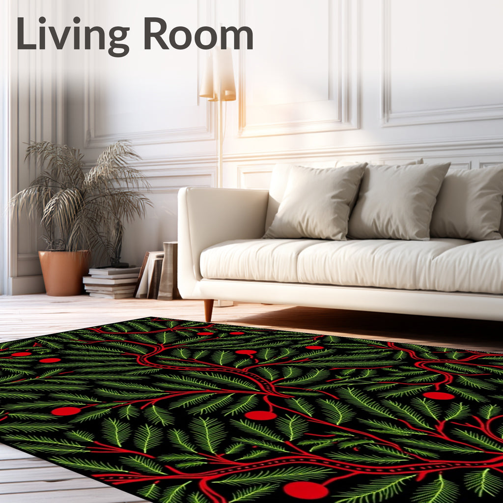 Vibrant Red Berries Evergreen Branches Rug