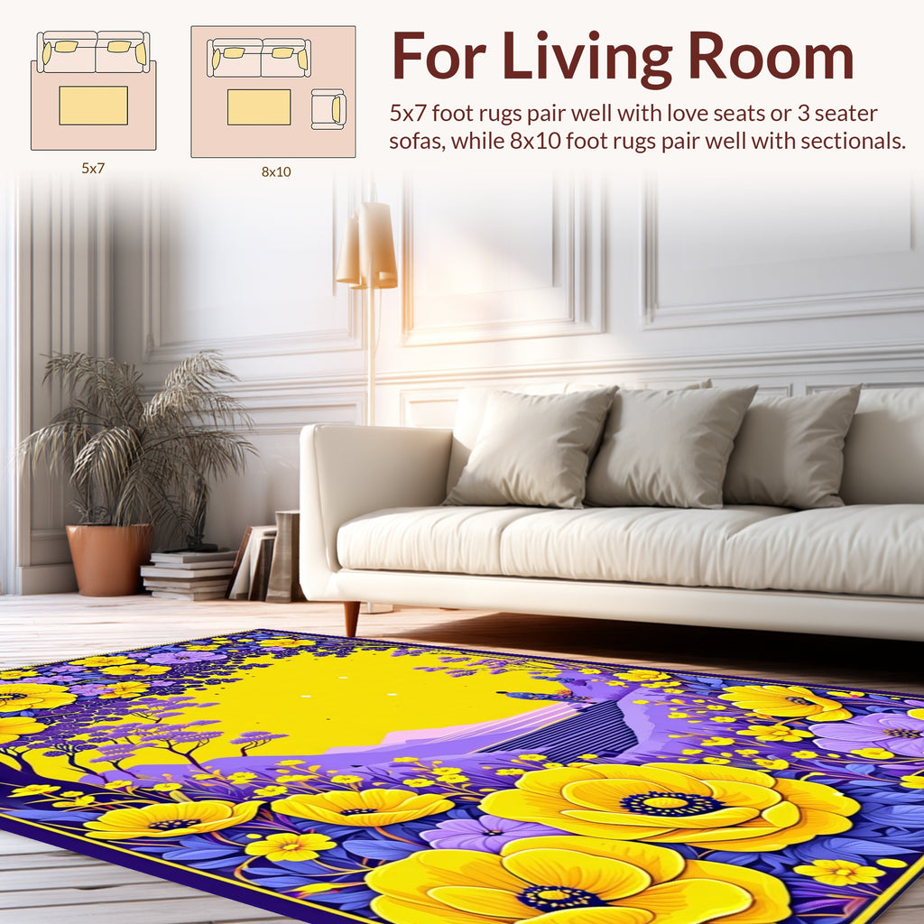 Vibrant Yellow Purple Floral Landscape Rug