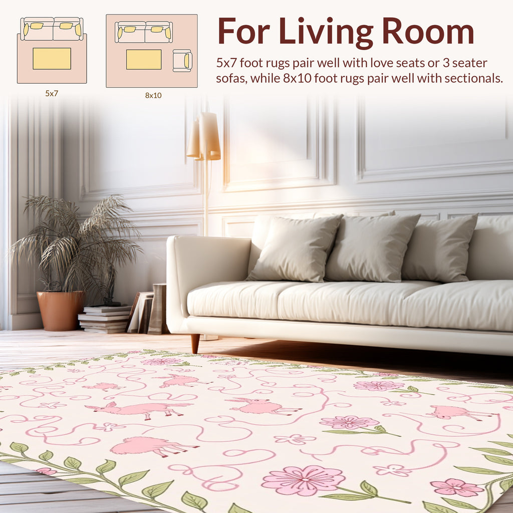 Whimsical Pink Animals Blossom Pattern Rug